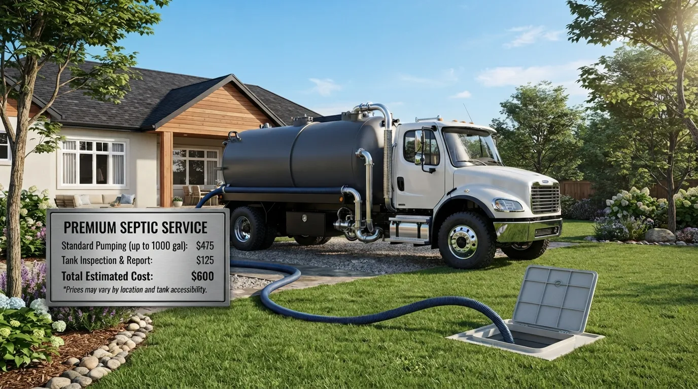 Vacuum tanker parked at a property with the hose run to a tank