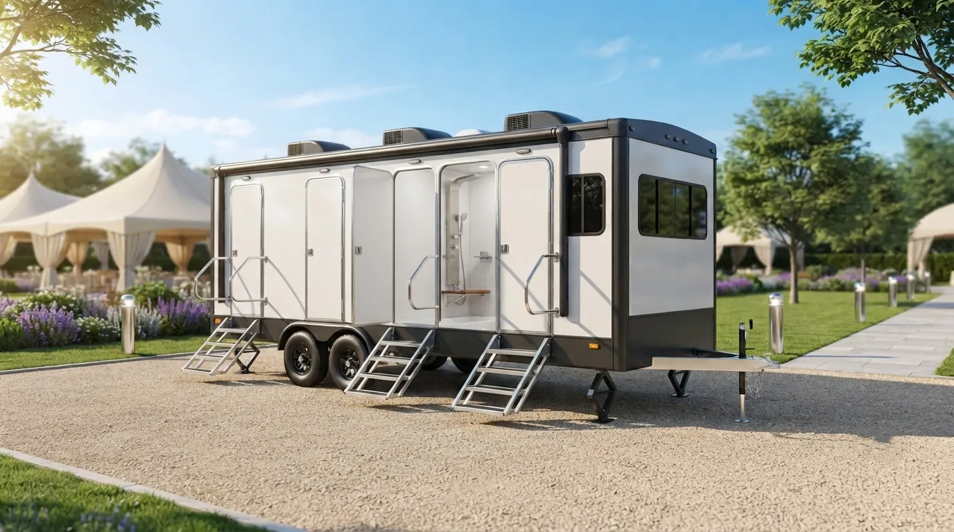 Towable restroom trailer levelled with its entry steps down