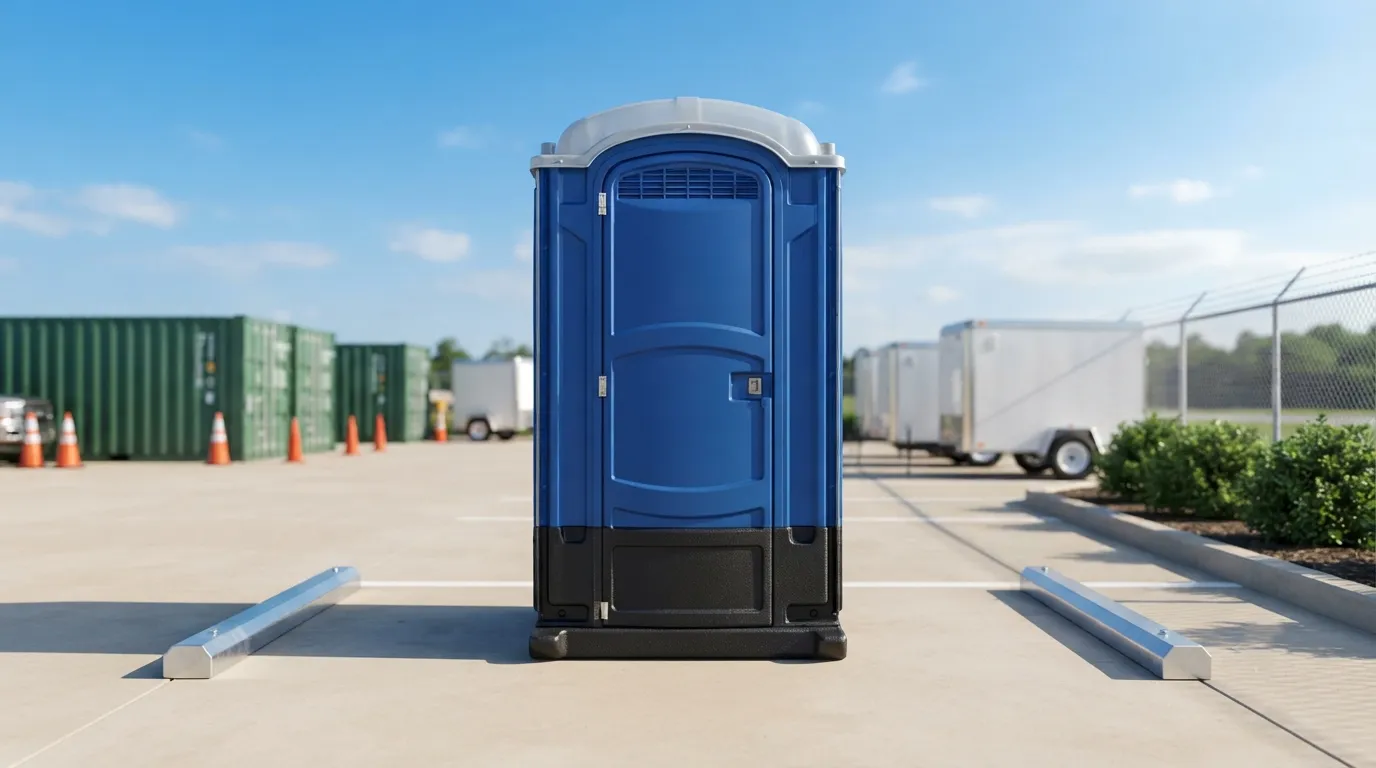 Standard portable toilet unit with the door closed