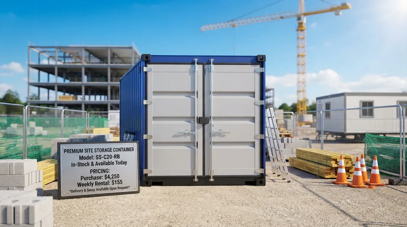 Steel site storage container with the doors closed and locked