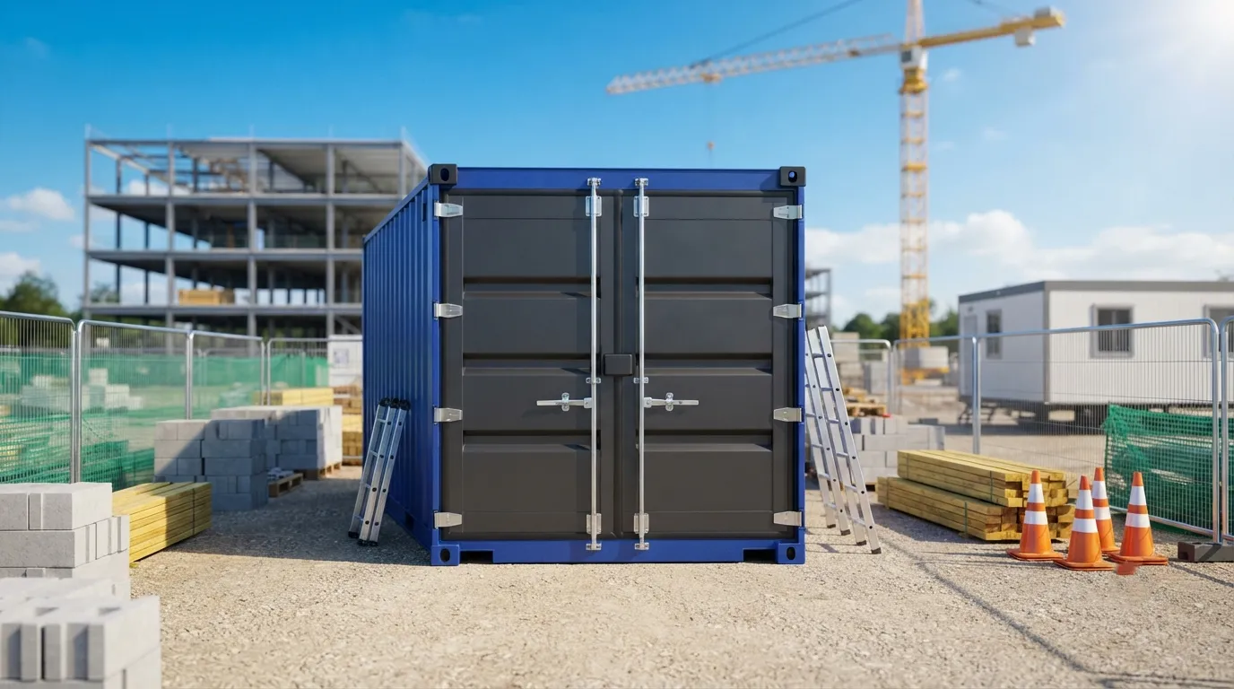 Steel site storage container with the doors closed and locked