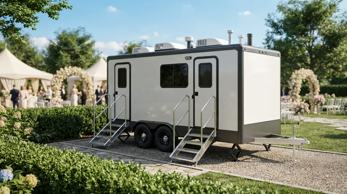 Row of portable toilets set out for an outdoor event